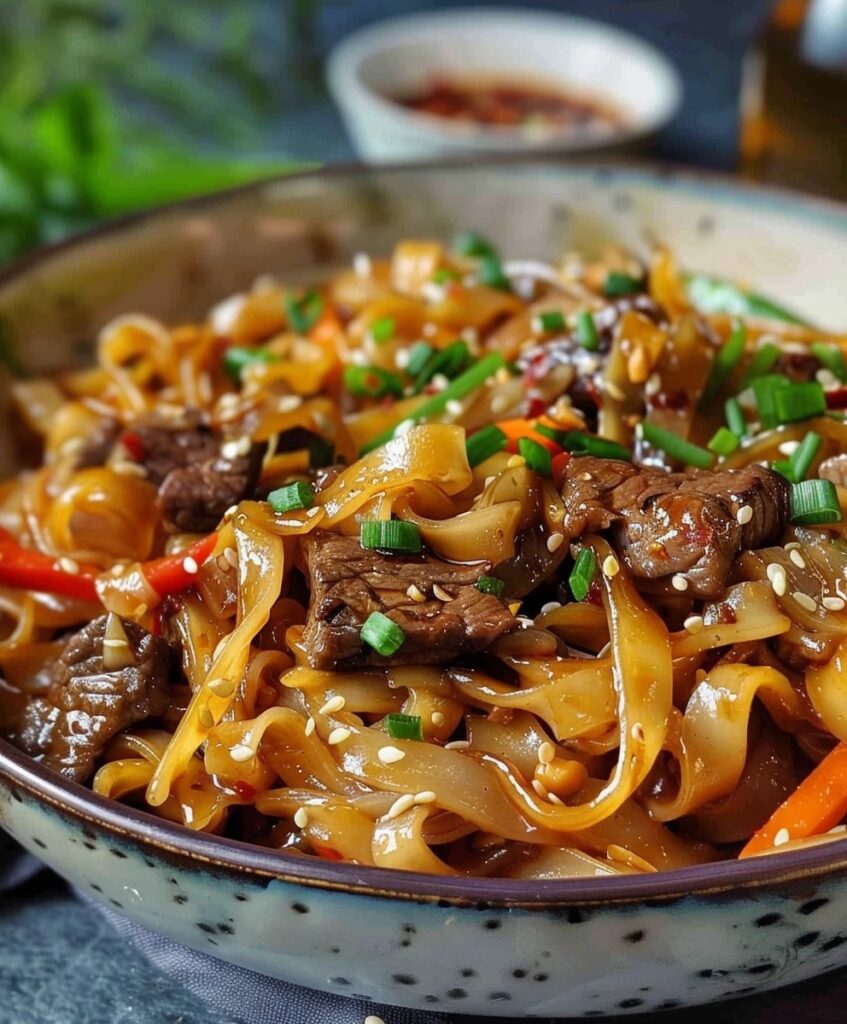 A vibrant plate of Sticky Beef Noodles, featuring broad noodles, tender beef strips, colorful vegetables, sesame seeds, and fresh green onions, reminiscent of a flavorful Beef Chow Fun or Chow Mein dish.


