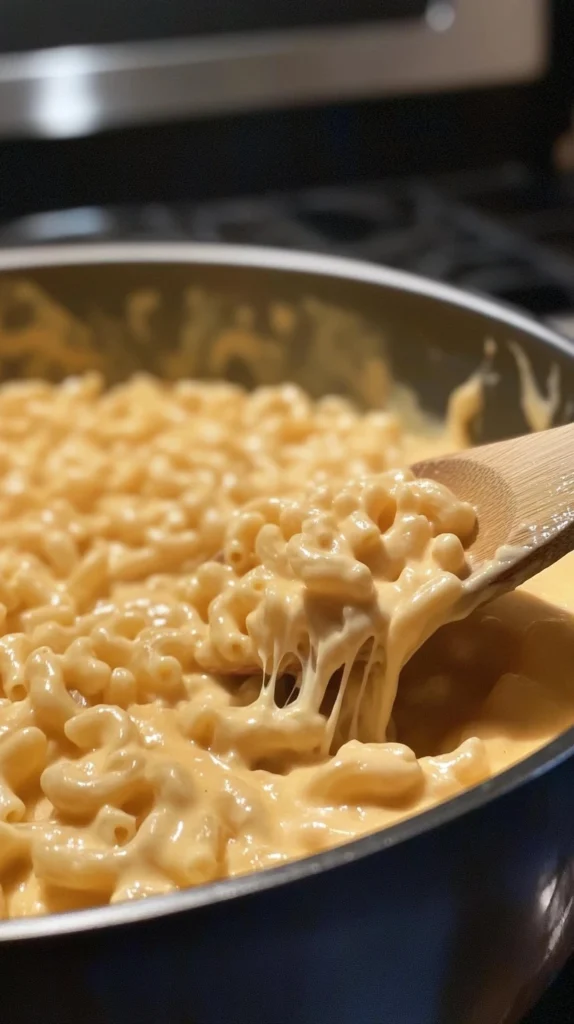 Stirring macaroni into a creamy cheese sauce in a home kitchen.