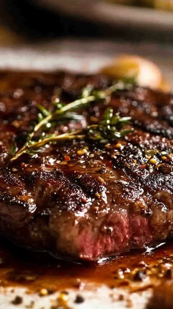 Close-up of a marinated ribeye steak with visible herbs and spices, showing the texture and juiciness.