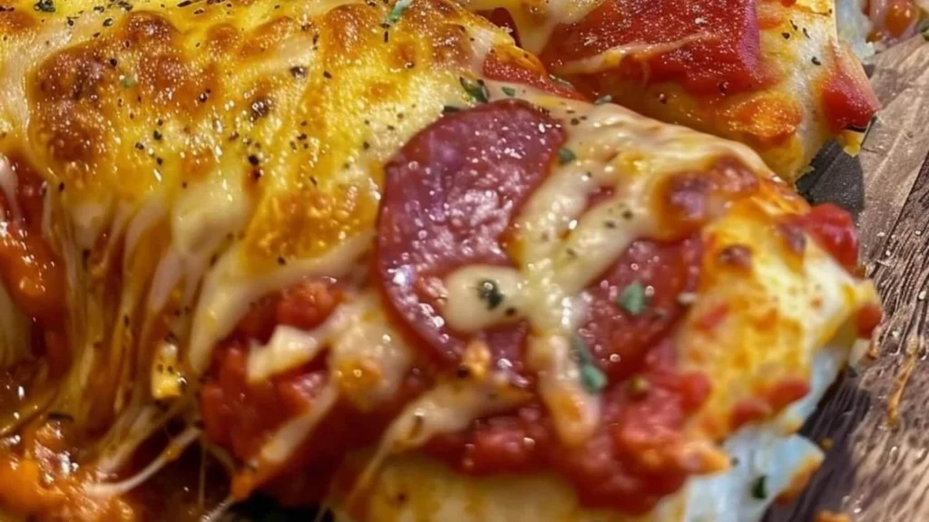 A close-up shot of a slice of Easy Stromboli Dinner Recipe, showing melted cheese, pepperoni, and herbs on a golden crust.