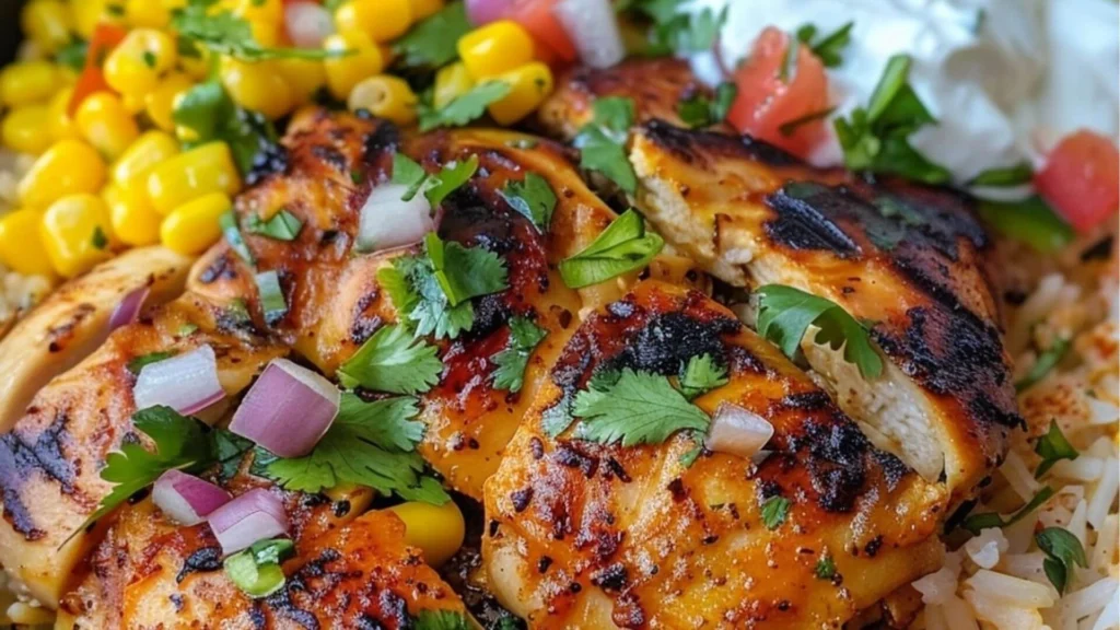 Street Corn Chicken Rice Bowl with grilled chicken, corn, red onion, cilantro, and rice.