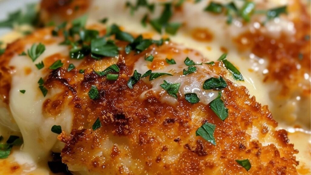 A close-up of Longhorn Steakhouse Parmesan Chicken, showing a golden-brown parmesan crust, melted cheese, and fresh parsley garnish.