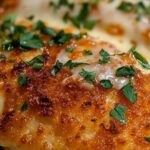 A close-up of Longhorn Steakhouse Parmesan Chicken, showing a golden-brown parmesan crust, melted cheese, and fresh parsley garnish.