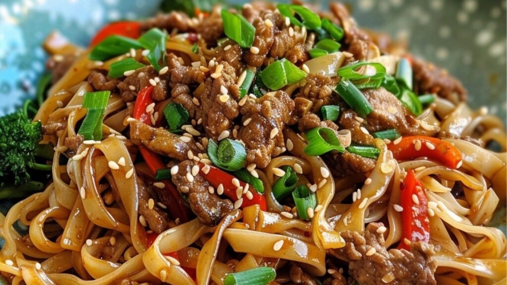 A plate of Sticky Beef Noodles with broad noodles, tender beef strips, colorful vegetables, sesame seeds, and green onions, showcasing a flavorful Asian dish.