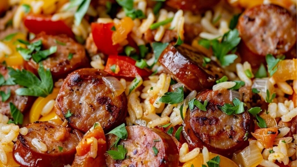 A close-up of a vibrant Delicious Sausage and Rice dish with browned sausage slices, fluffy rice, colorful bell peppers, onions, and fresh parsley, highlighting a flavorful one-pan meal.