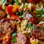 A close-up of a vibrant Delicious Sausage and Rice dish with browned sausage slices, fluffy rice, colorful bell peppers, onions, and fresh parsley, highlighting a flavorful one-pan meal.