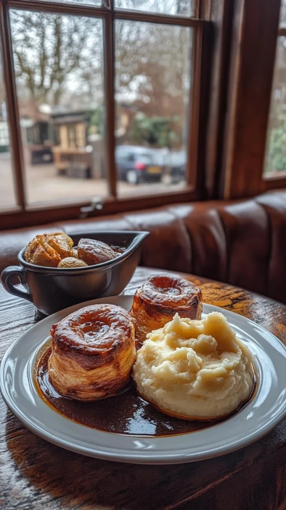  Yorkshire puddings served with roast beef and gravy on a dinner table.