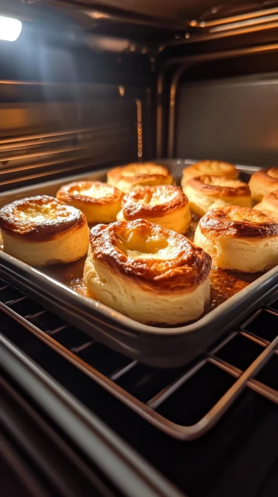 Yorkshire puddings rising in the oven.