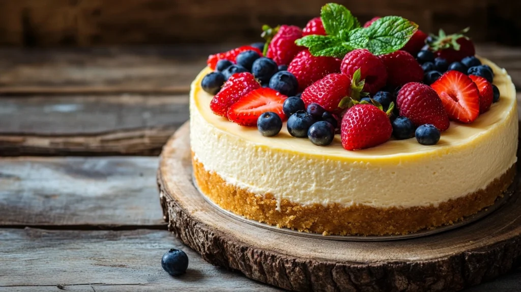 Baked vanilla cheesecake with fresh seasonal fruits on a rustic wooden table.