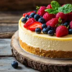 Baked vanilla cheesecake with fresh seasonal fruits on a rustic wooden table.