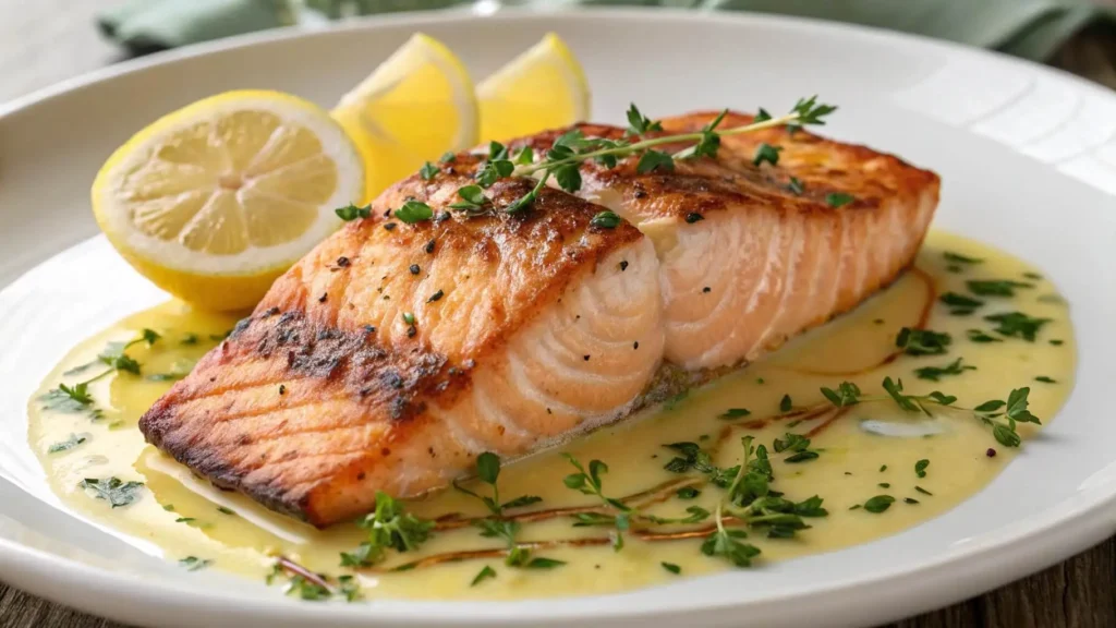 Pan-seared salmon with crispy skin and lemon butter drizzle