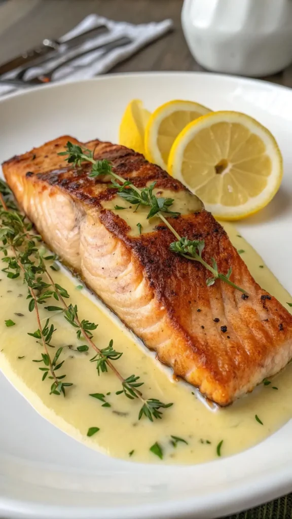 Crispy-skinned pan-seared salmon topped with a rich lemon butter glaze







