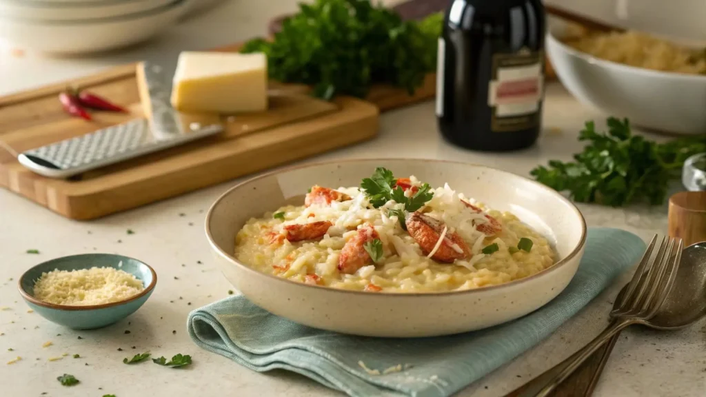 Homemade lobster risotto served in a bowl, taken in a cozy kitchen.