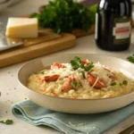 Homemade lobster risotto served in a bowl, taken in a cozy kitchen.