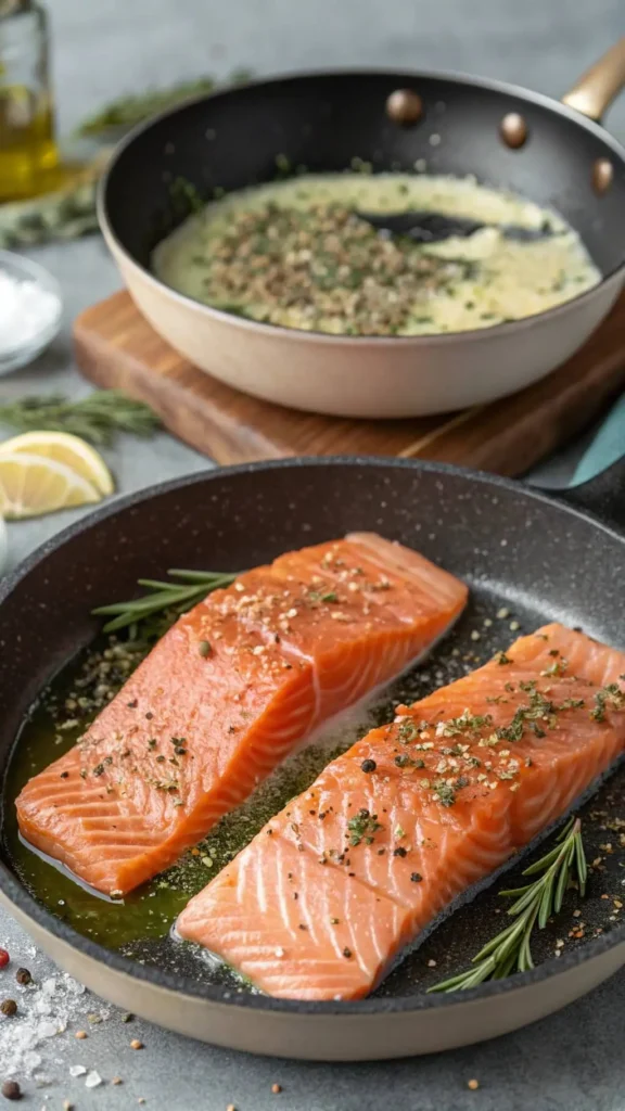  Raw salmon being scored and pan-seared salmon in a skillet