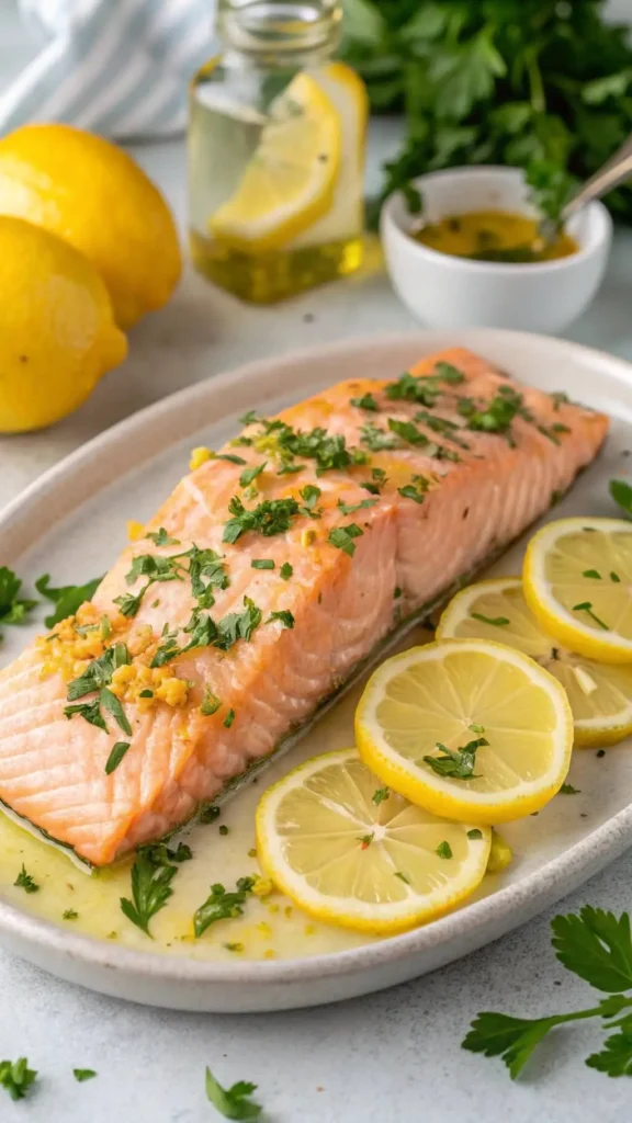  Pan-seared salmon garnished with fresh parsley, lemon slices, and a drizzle of lemon butter sauce