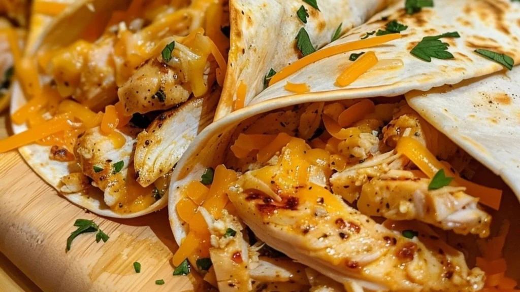 Cheesy Garlic Chicken Wraps with melted cheddar and parsley garnish, served on a wooden board.