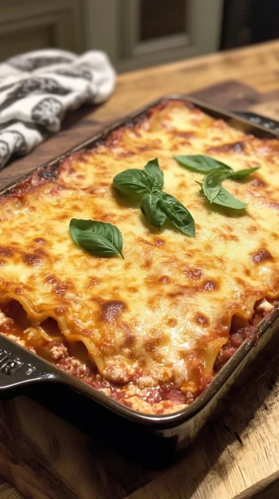 Gordon Ramsay's Lasagna: Close-up of baked lasagna layers, showing the rich meat sauce, creamy béchamel, and melted cheese, garnished with fresh basil.