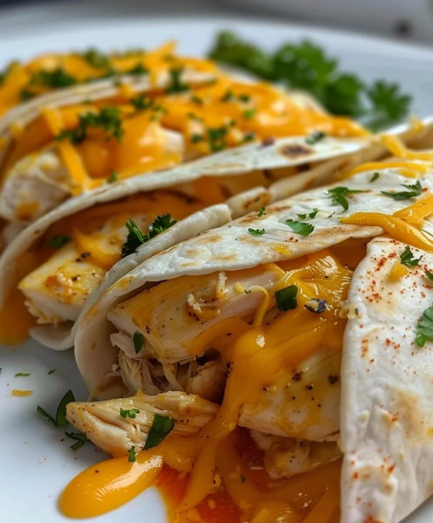 Close-up of Cheesy Garlic Chicken Wraps on a white plate, showing melted cheese, chicken, and parsley garnish.