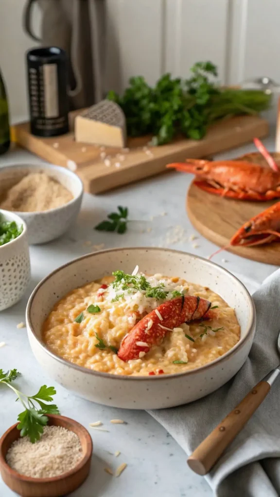 A bowl of homemade lobster risotto served in a warm, inviting kitchen, capturing the cozy, home-cooked vibe.







