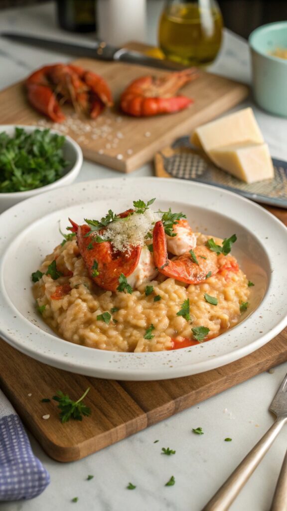 Lobster risotto served with roasted asparagus and garlic bread.