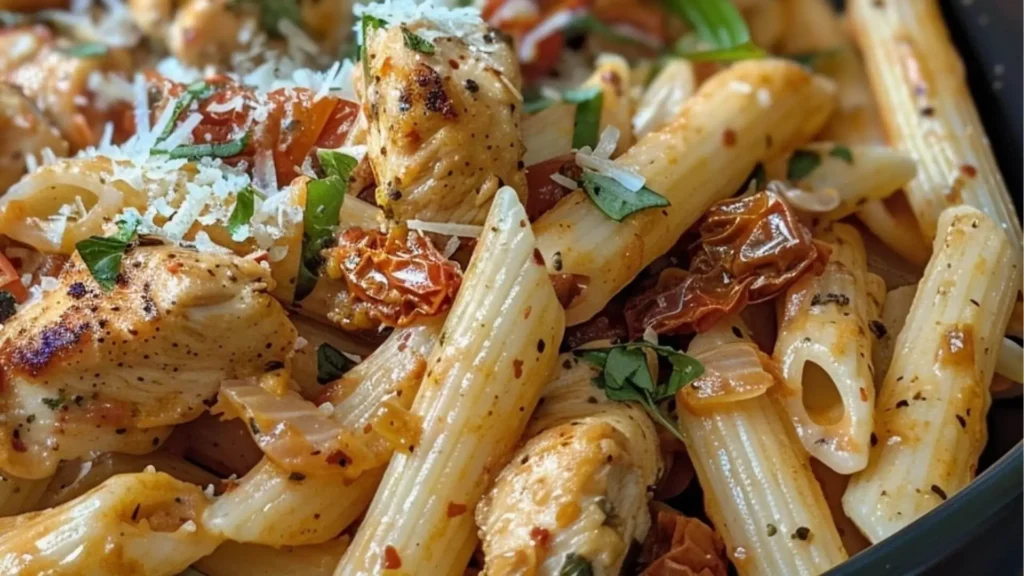 Close-up of Marry Me Chicken Pasta Recipe with penne pasta, grilled chicken, sun-dried tomatoes, and parmesan cheese.