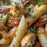 Close-up of Marry Me Chicken Pasta Recipe with penne pasta, grilled chicken, sun-dried tomatoes, and parmesan cheese.