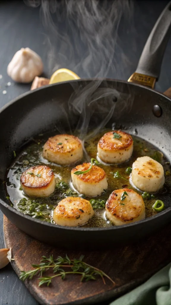 Scallops cooking in a pan with garlic butter