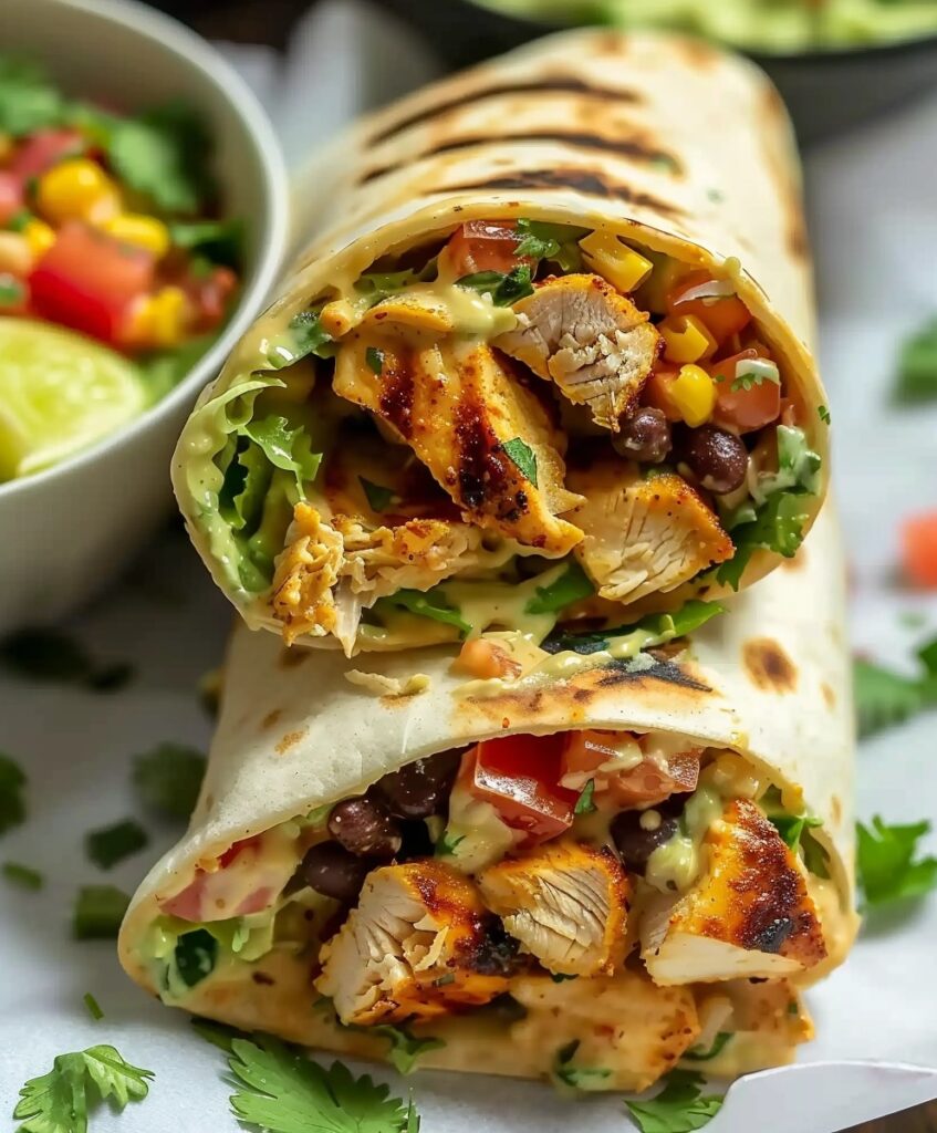 Two stacked, grilled Chipotle Ranch Chicken Burritos, sliced to show grilled chicken, corn, black beans, vegetables, and creamy Chipotle Ranch sauce, with a side salad in the background.