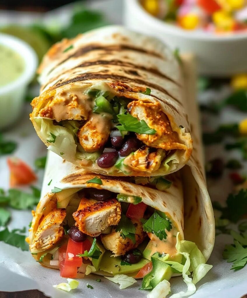 Two stacked Chipotle Ranch Grilled Chicken Burritos, sliced to show grilled chicken, black beans, vegetables, and Chipotle Ranch sauce, with side dishes visible in the background