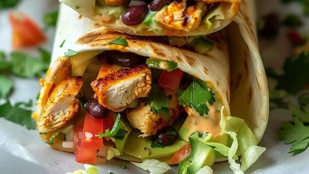 Close-up of a sliced Easy Chipotle Ranch Grilled Chicken Burrito showing juicy grilled chicken, black beans, vegetables, and creamy Chipotle Ranch sauce inside a toasted tortilla.