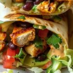 Close-up of a sliced Easy Chipotle Ranch Grilled Chicken Burrito showing juicy grilled chicken, black beans, vegetables, and creamy Chipotle Ranch sauce inside a toasted tortilla.