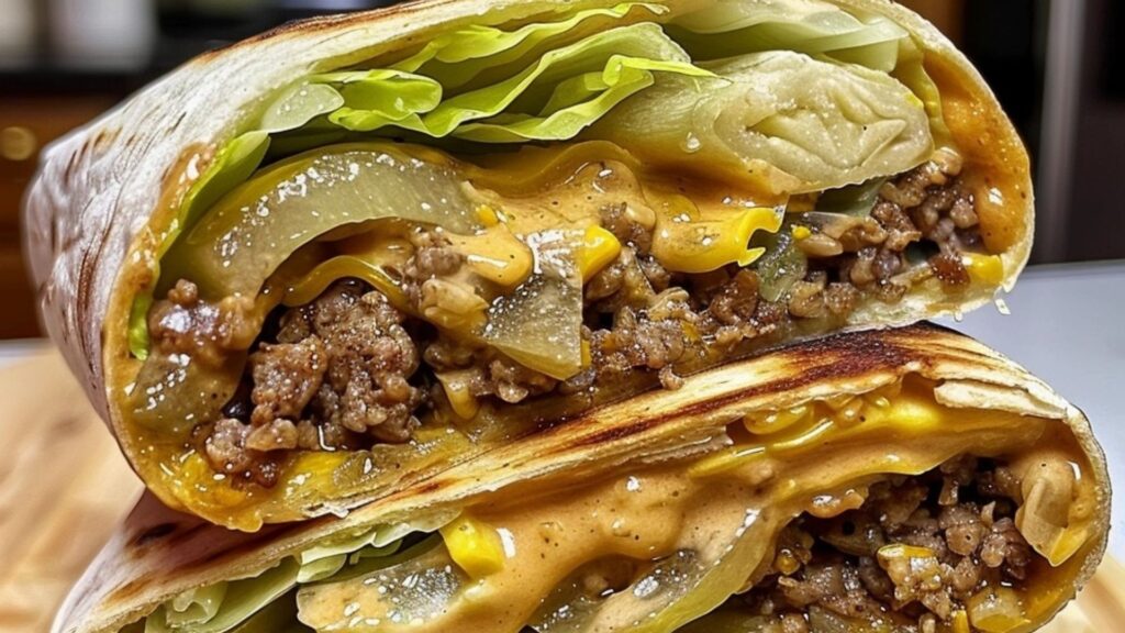 Homemade Big Mac Wraps with ground beef, cheese, lettuce, and special sauce.