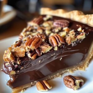 A slice of Texas Chocolate Pecan Pie on a white plate, featuring a flaky crust, layers of caramel and rich chocolate filling, topped with whole and chopped pecans.