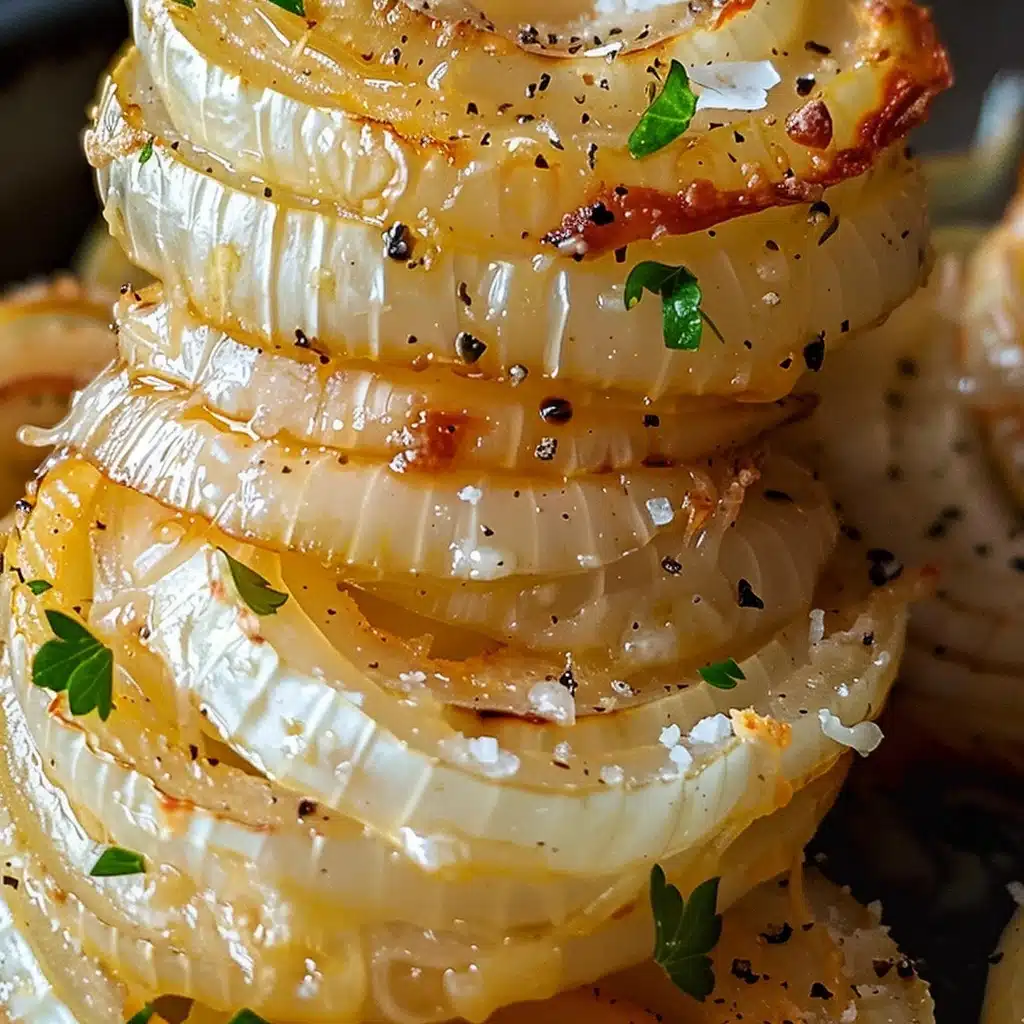 A stack of golden-brown Crispy Onion Cheese Rings, seasoned with herbs.