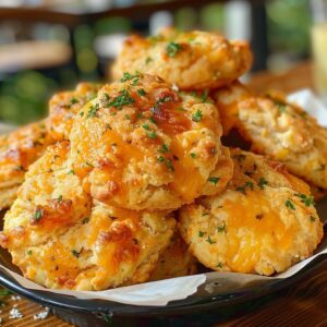 A stack of golden brown Cheddar Bay Biscuits on a black plate lined with white parchment paper. The biscuits are topped with melted cheddar cheese and chopped green herbs.