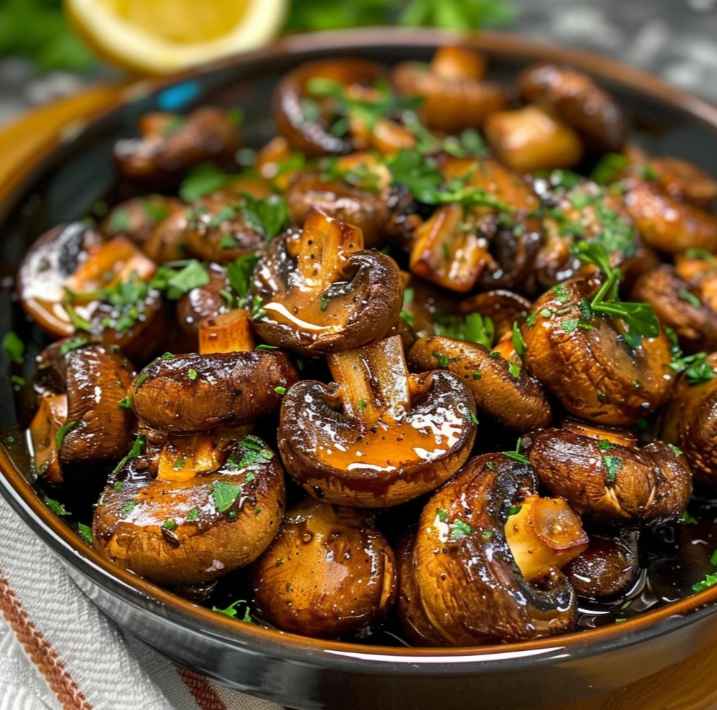 A close-up of a dark bowl filled with glistening, roasted mushrooms coated in a honey garlic sauce and sprinkled with fresh parsley. A lemon wedge is visible in the blurred background.
