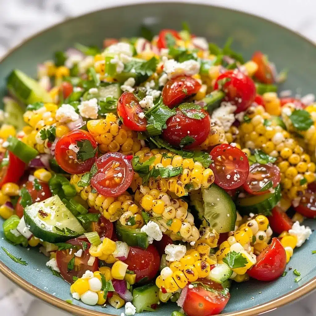 A vibrant corn salad brimming with sweet corn, juicy tomatoes, cucumbers, and red bell peppers.