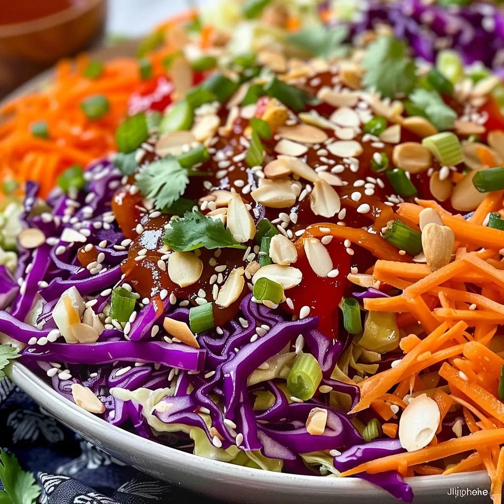 A bowl of vibrant Asian slaw, featuring shredded cabbage, carrots, and a sesame seed topping.
