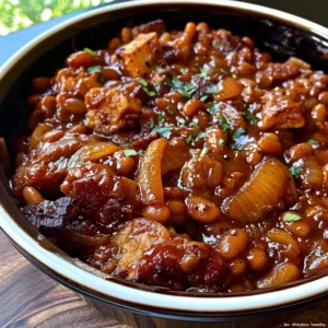 A close-up of a white baking dish filled with baked beans topped with crispy bacon.