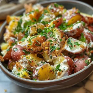 Crispy smashed potatoes tossed in a creamy herb dressing.