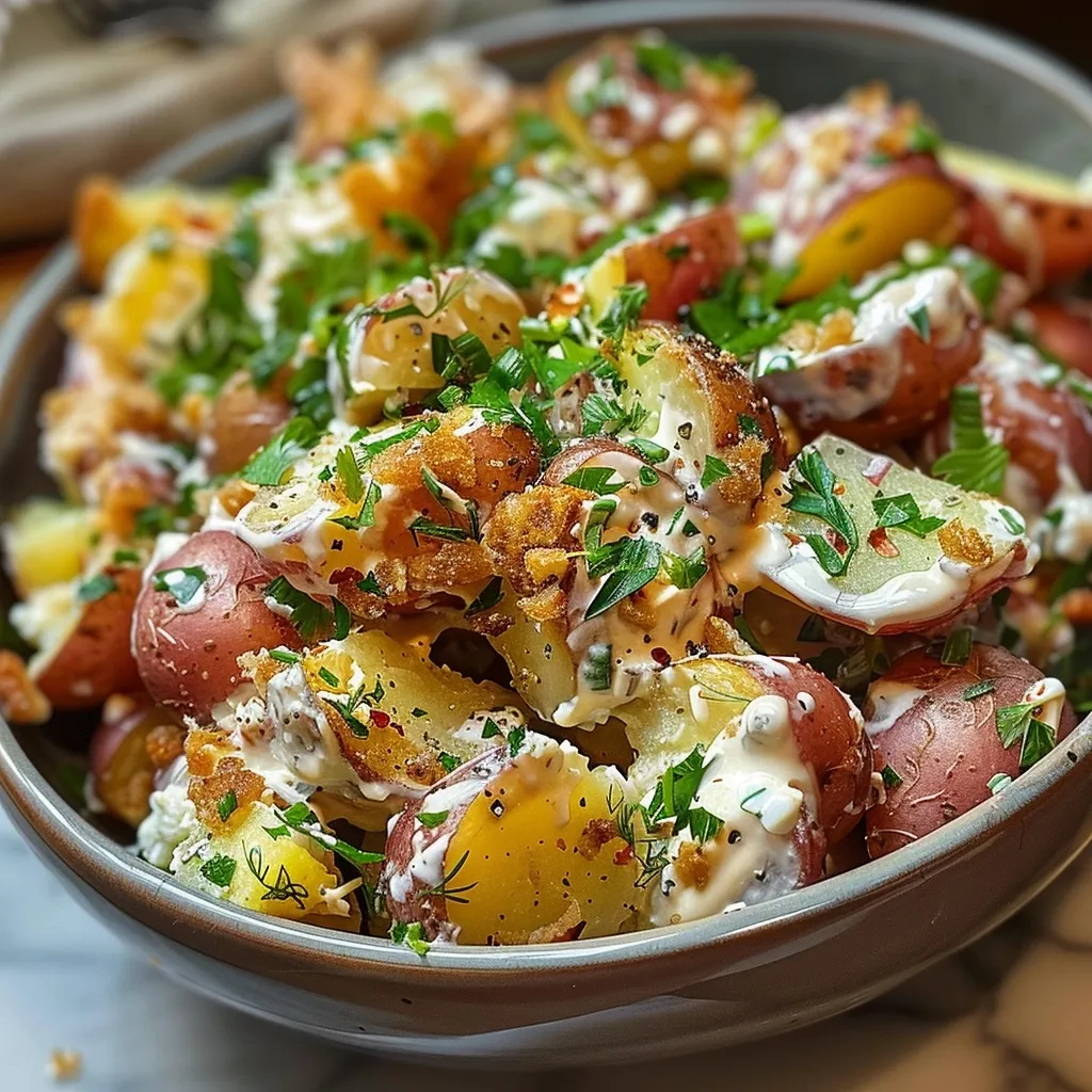 Crispy smashed potatoes tossed in a creamy herb dressing.