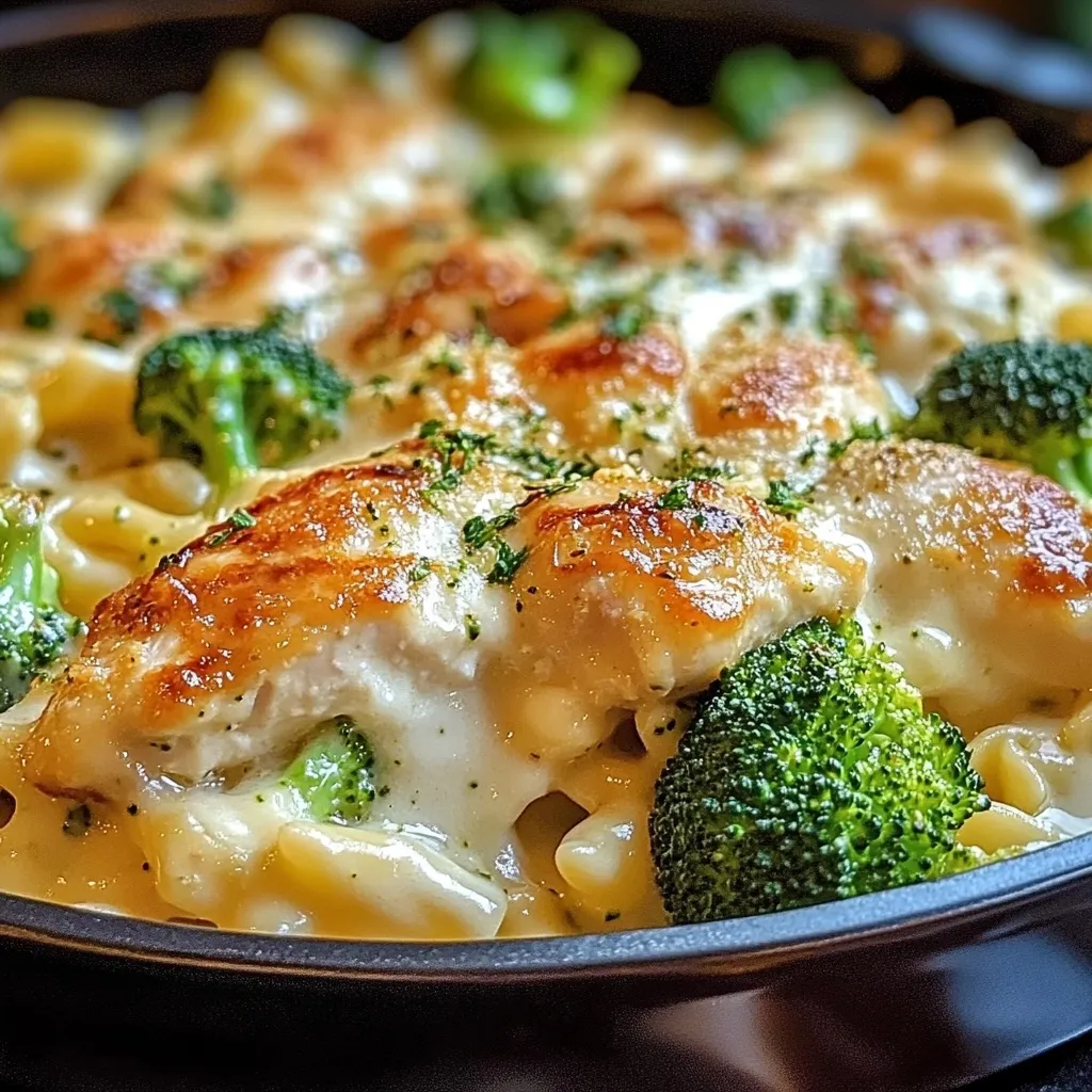 Close-up of cheesy chicken and broccoli Alfredo bake with a fork lifting a portion.
