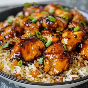 Honey BBQ chicken served over a bed of rice, garnished with green onions.