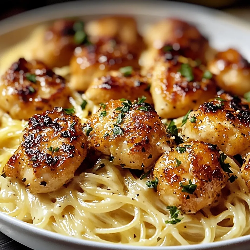 Garlic butter chicken bites served over creamy parmesan pasta.