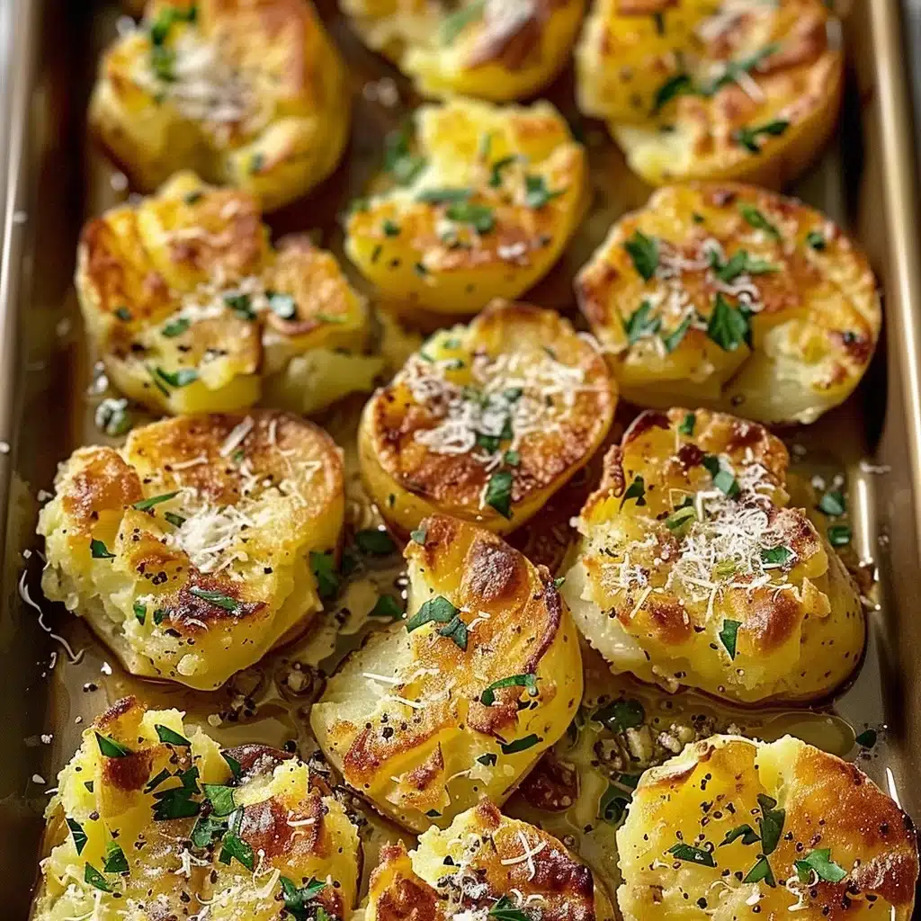Baked smashed potatoes seasoned with garlic, parmesan cheese, and parsley.