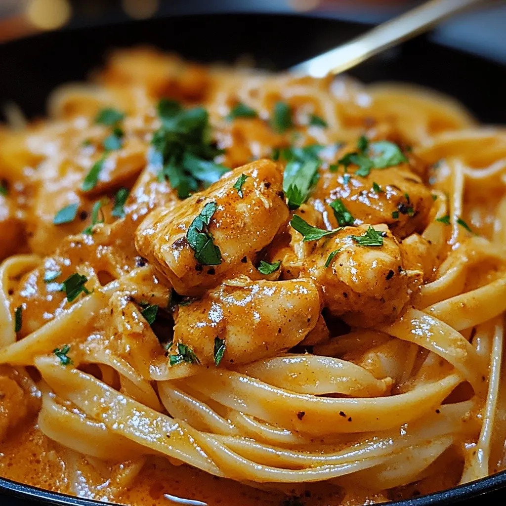 Close-up of creamy, spicy Cowboy Butter Chicken Linguine pasta dish.