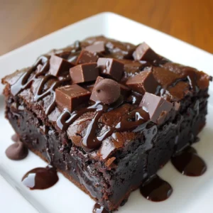 A stack of three fudgy brownies on a white plate.