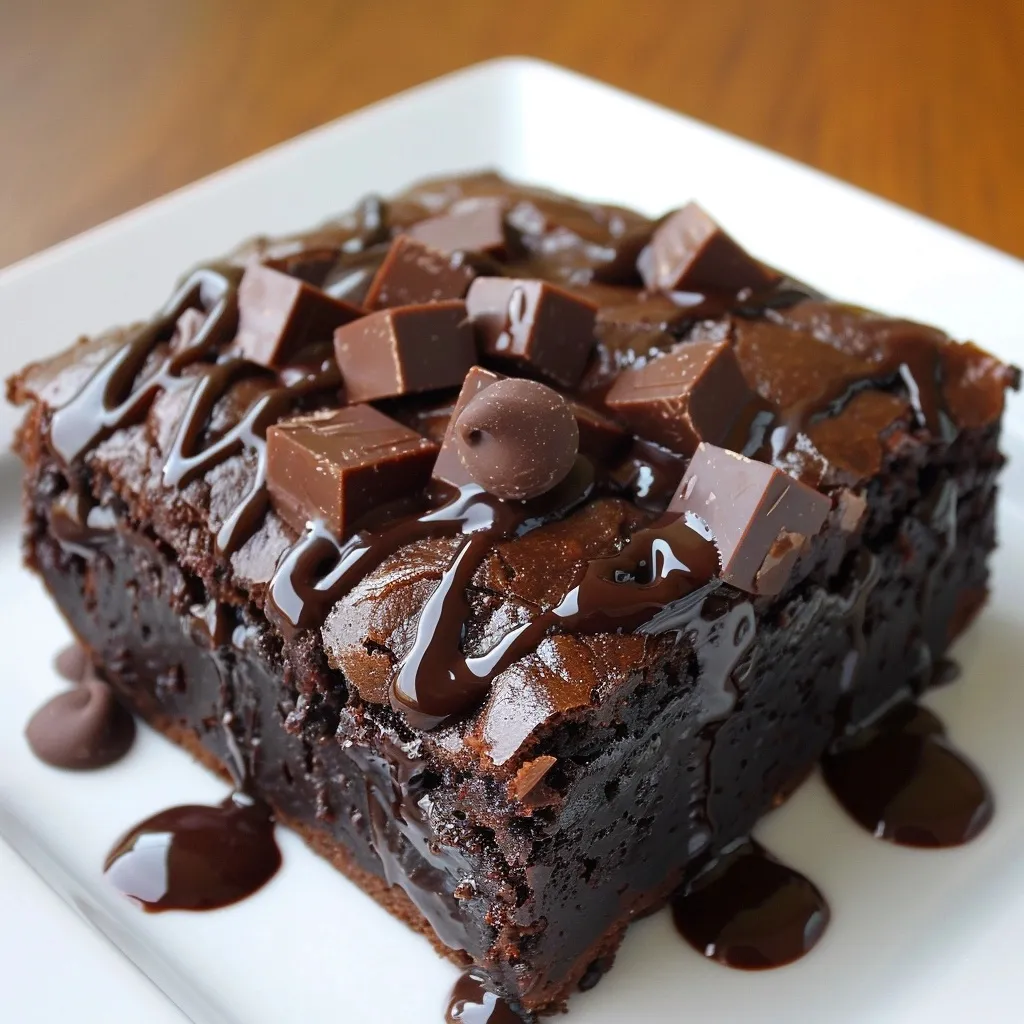 A stack of three fudgy brownies on a white plate.