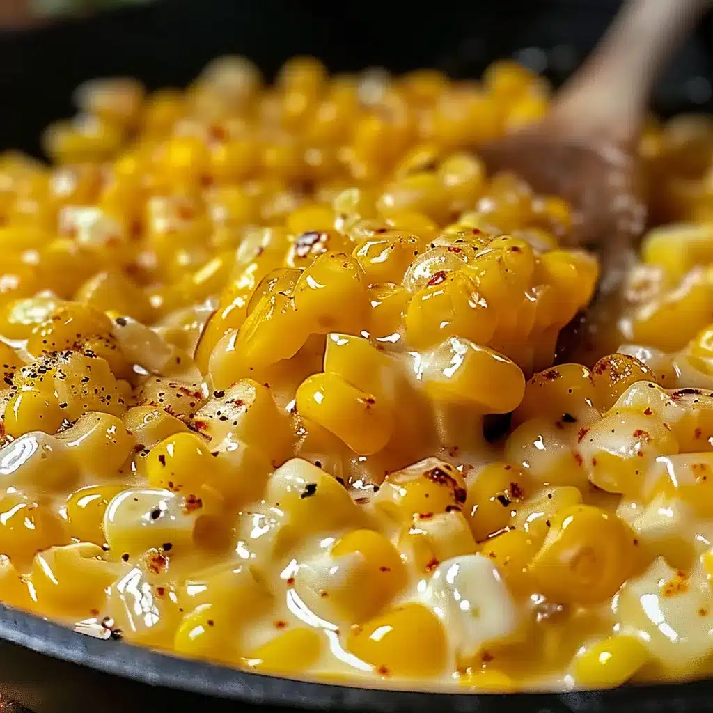 Close-up of a spoon scooping up creamy, honey-butter skillet corn.